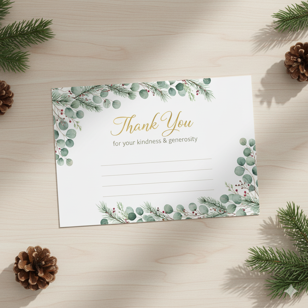 Printable Christmas thank-you card template with elegant holiday design by artisan anthology