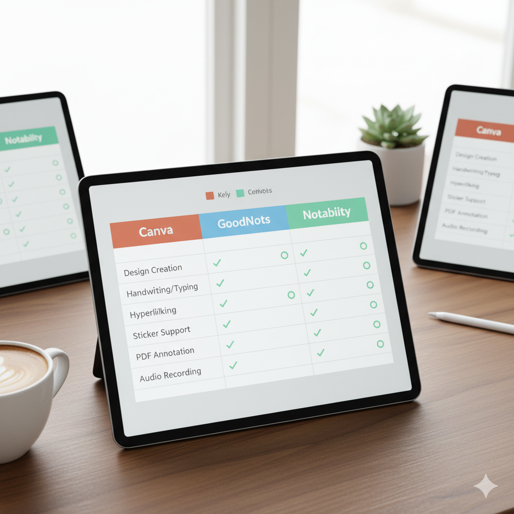 “Table comparing digital planner apps for tabs and hyperlinks”by artisan anthology
