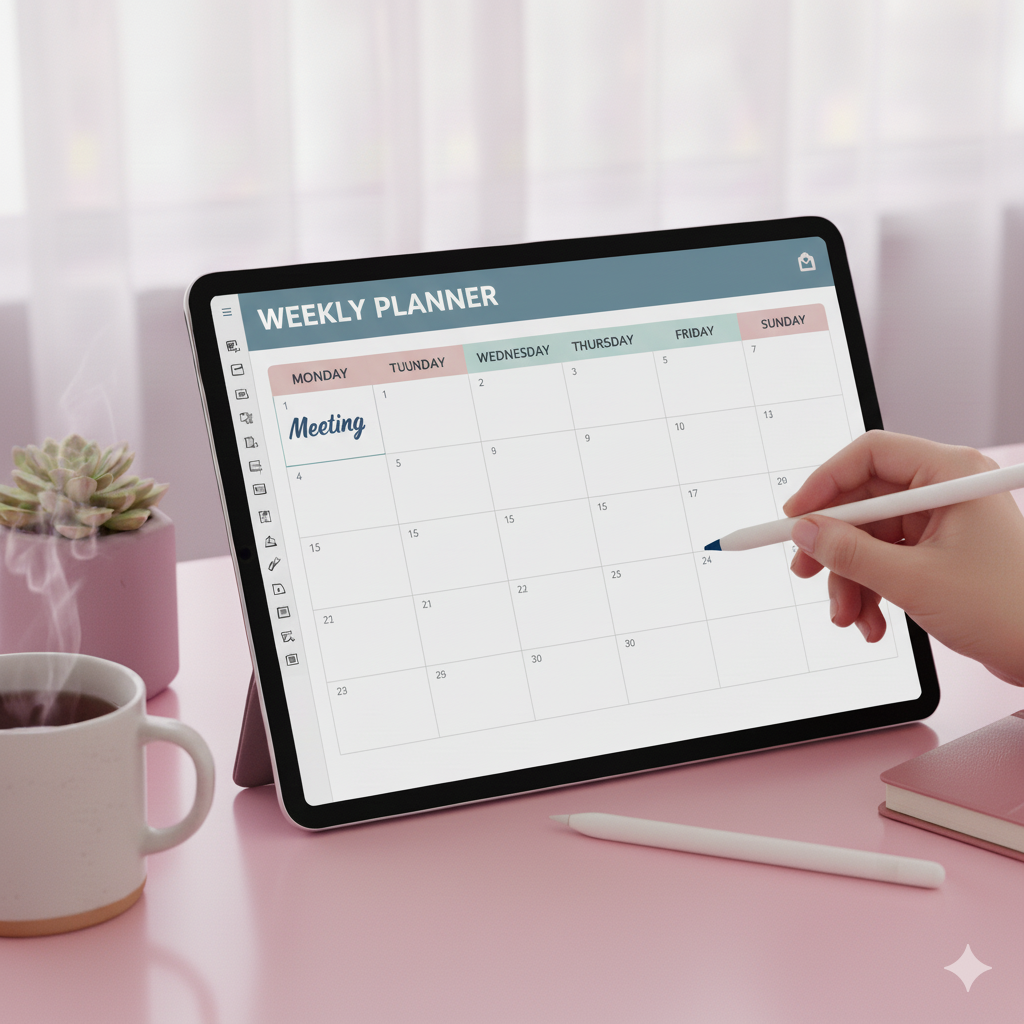 “GoodNotes digital planner mockup template with stylus”by artisan anthology