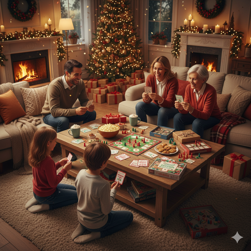 family christmas game night with printable holiday games and snacks by artisan anthology