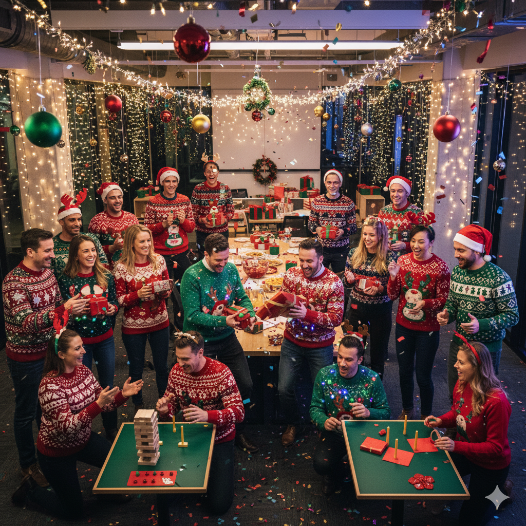 office christmas party with ugly sweater contest and secret santa exchange by artisan anthology