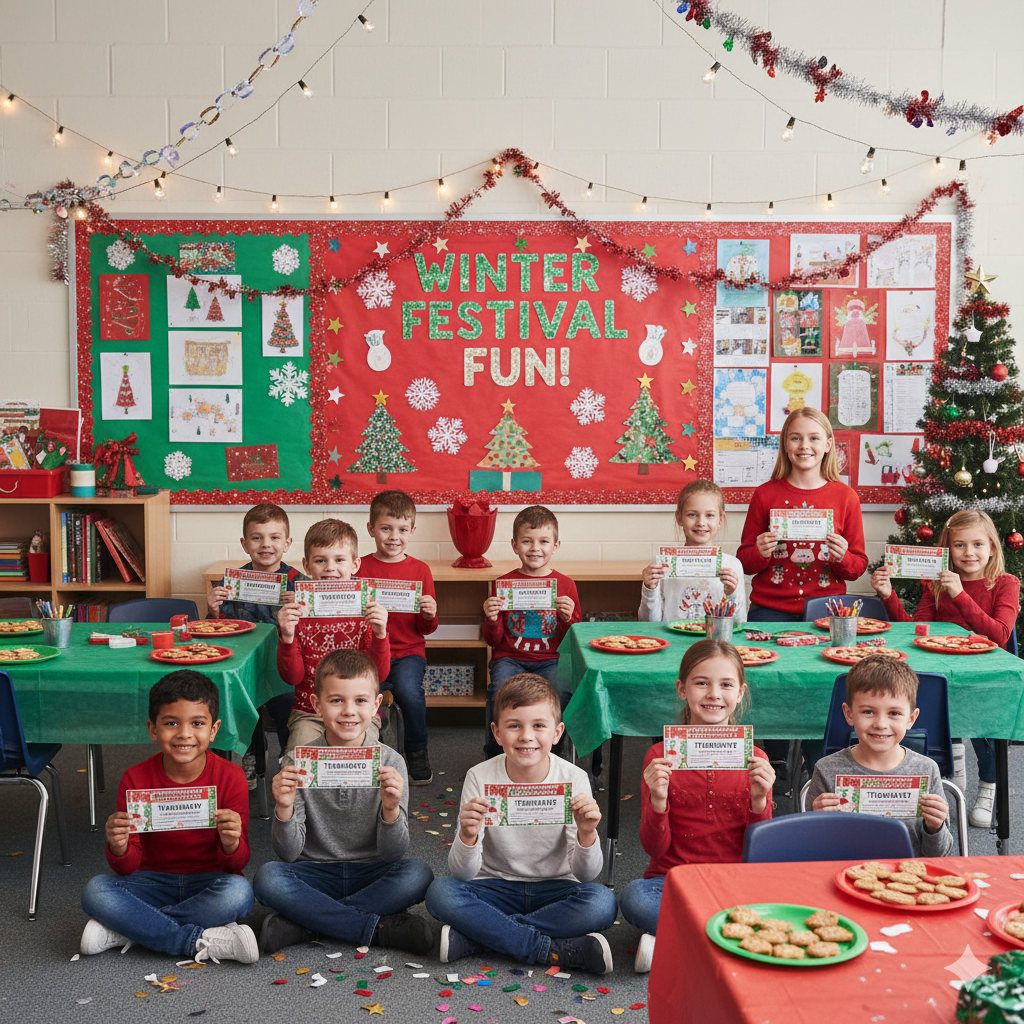 school christmas event with printable tickets and classroom decor by artisan anthology