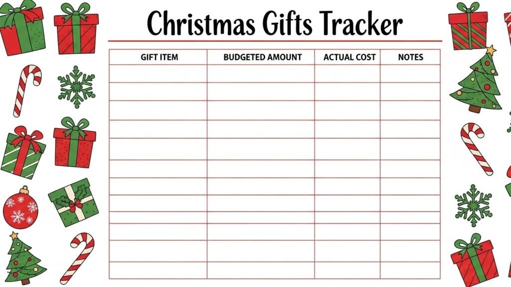 Christmas gift budget tracker printable to manage holiday spending.by artisan anthology.