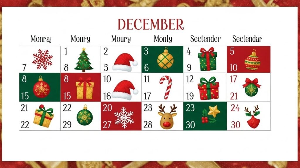 Holiday season calendar printable for Christmas planning.by artisan anthology.