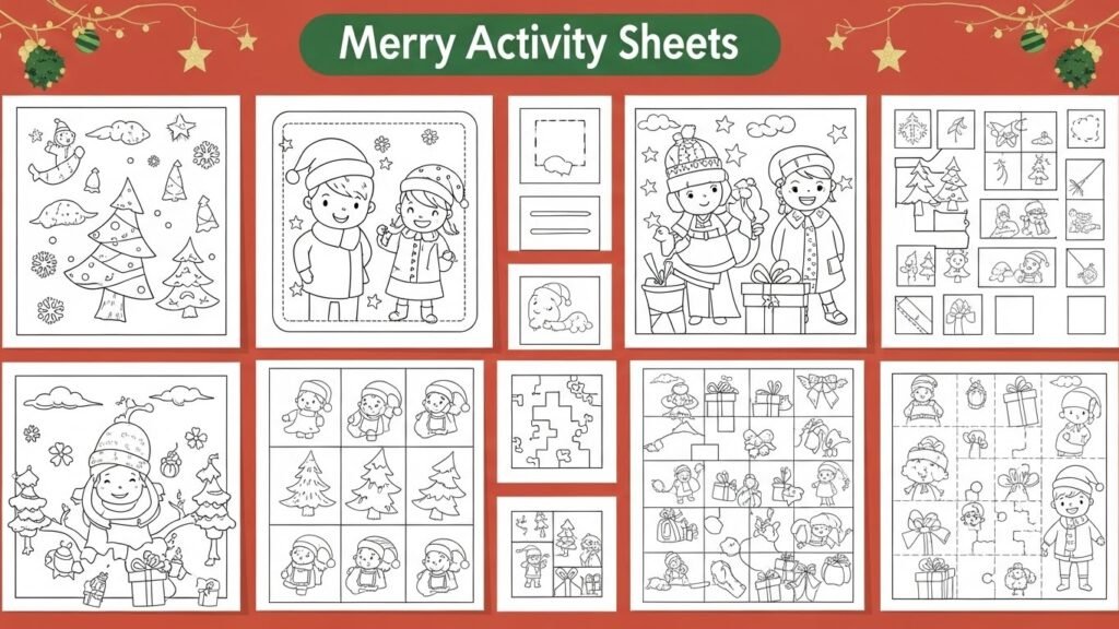 Kids Christmas activity sheets printable by artisan anthology.