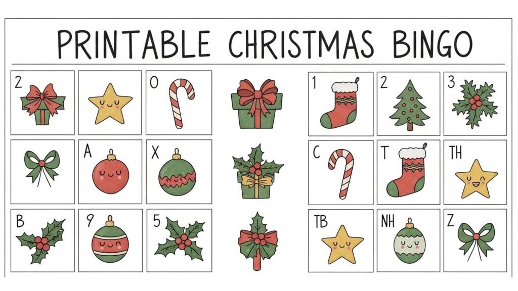 “Printable Christmas bingo cards with festive icons arranged in a classic bingo grid.”by artisan anthology