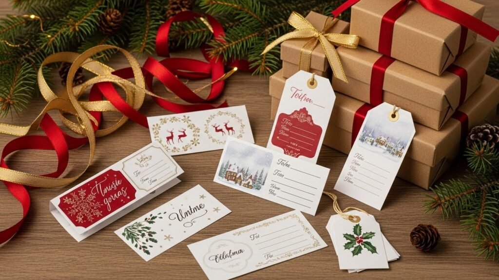 Printable Christmas gift labels arranged with holiday ribbons and decor.by artisan anthology.
