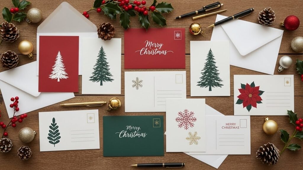 Printable Christmas postcards arranged with holiday stationery.by artisan anthology