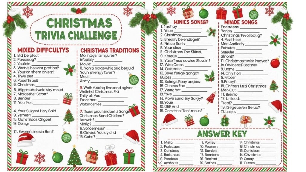 “Printable Christmas trivia game sheet with holiday-themed questions and festive design.”by artisan anthology