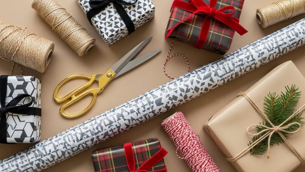 Printable Christmas wrapping paper displayed with holiday gift wrapping tools.by artisan anthology.