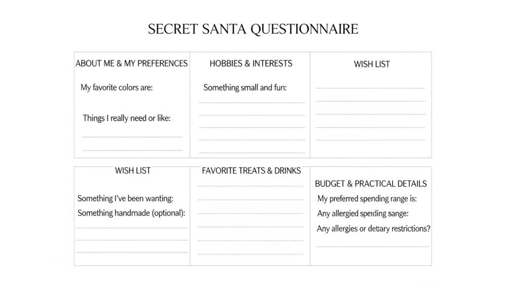 “Printable Secret Santa questionnaire with sections for gift preferences and personal details.”by artisan anthology