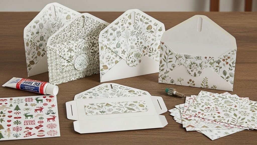 Printable Christmas envelopes in festive designs displayed with craft supplies.by artisan anthology