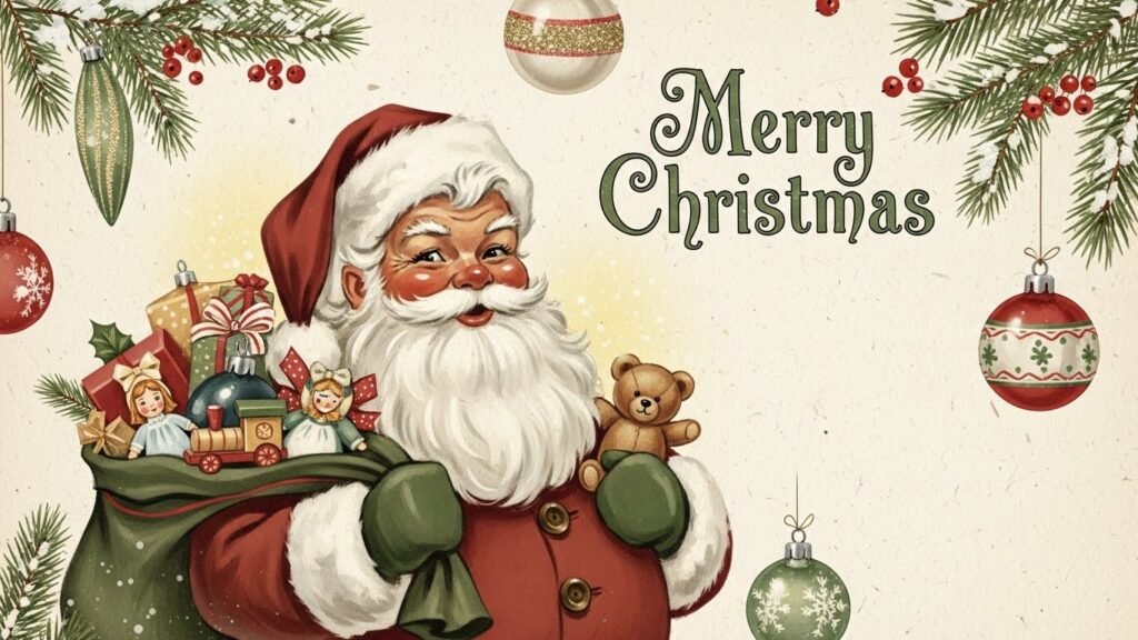 “Vintage Christmas wall art with retro Santa illustration and nostalgic holiday design in classic red and green tones.” by artisan anthology