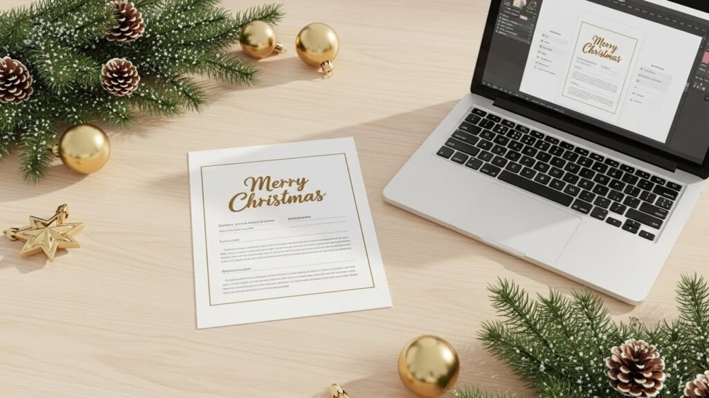 editable christmas greeting card template on desk with holiday decor by artisan anthology