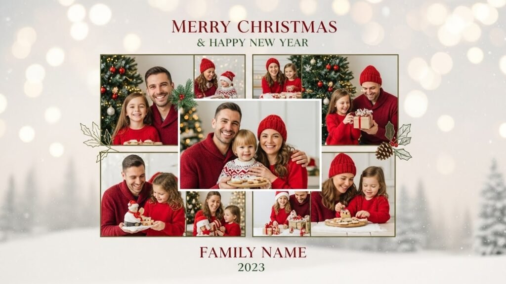 family christmas photo card template with collage layout by artisan anthology