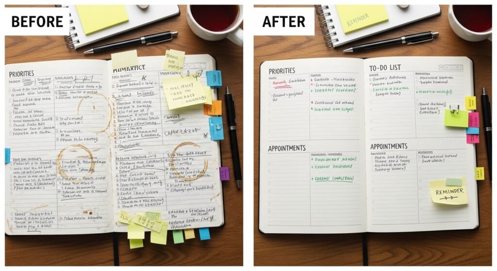 Comparison of disorganized daily planner vs organized structured planner layout by artisan anthology.