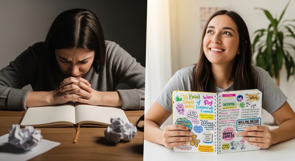 Before and after results of consistent manifestation journaling practice by artisan anthology.