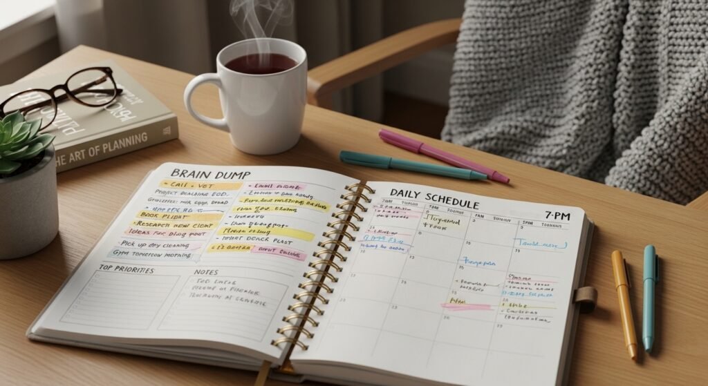 Daily planner brain dump section to reduce overwhelm and improve focus by artisan anthology.