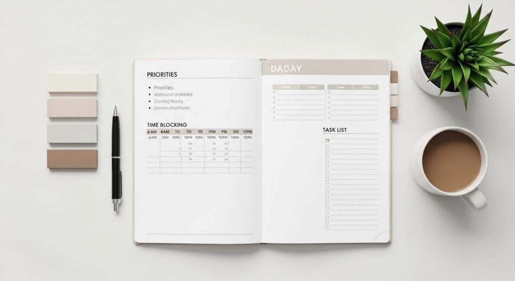 Daily planner layout with priorities, schedule, and task list by artisan anthology.