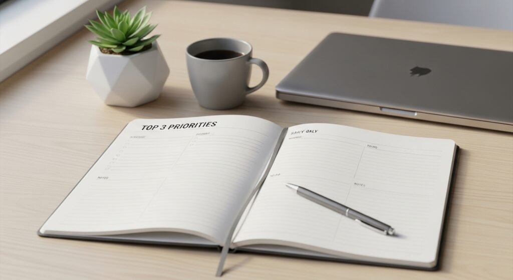 Daily planner layout with top three priorities section for better organization by artisan anthology.