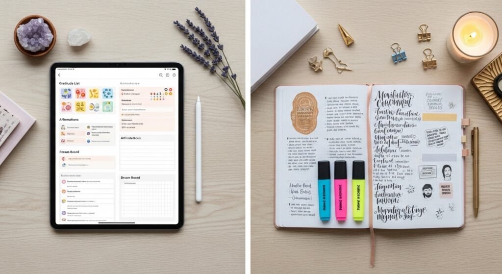 Digital vs printable manifestation journal for beginners by artisan anthology.