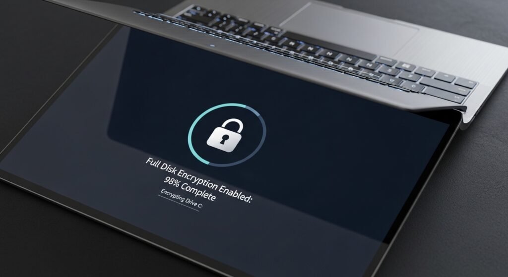 Encrypted laptop with full disk encryption enabled by artisan anthology.