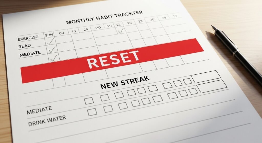 Habit tracker showing reset line and new streak start by artisan anthology.