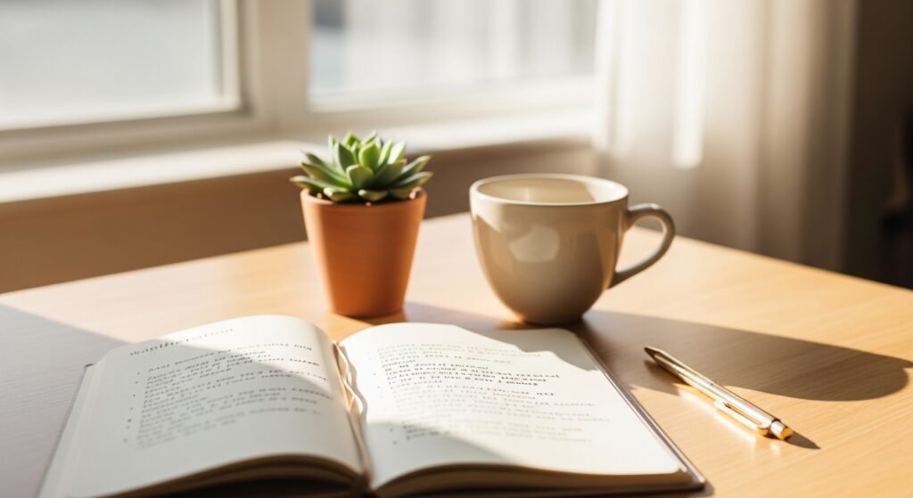 Manifestation journaling morning routine with affirmations written in a journal by artisan anthology.