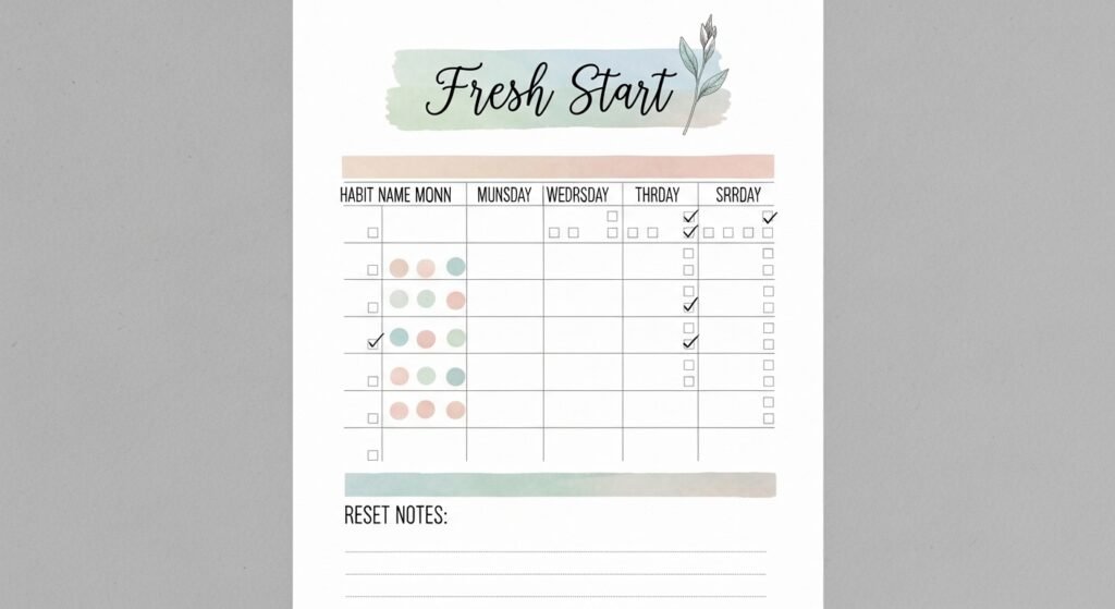 Printable habit tracker reset page for restarting habits by artisan anthology.