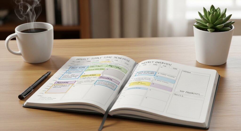 Time blocking layout in a daily planner by artisan anthology.