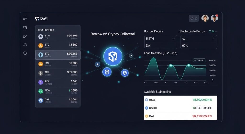 borrow stablecoins using crypto collateral defi by artisan anthology.
