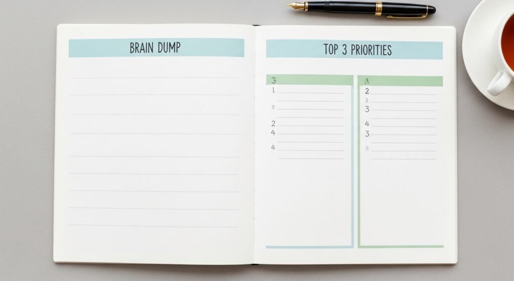 daily planner brain dump and priority section by artisan anthology.
