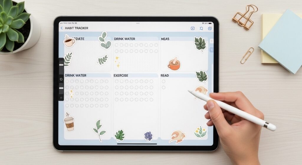digital planner habit tracker hyperlinked page for daily consistency by artisan anthology.