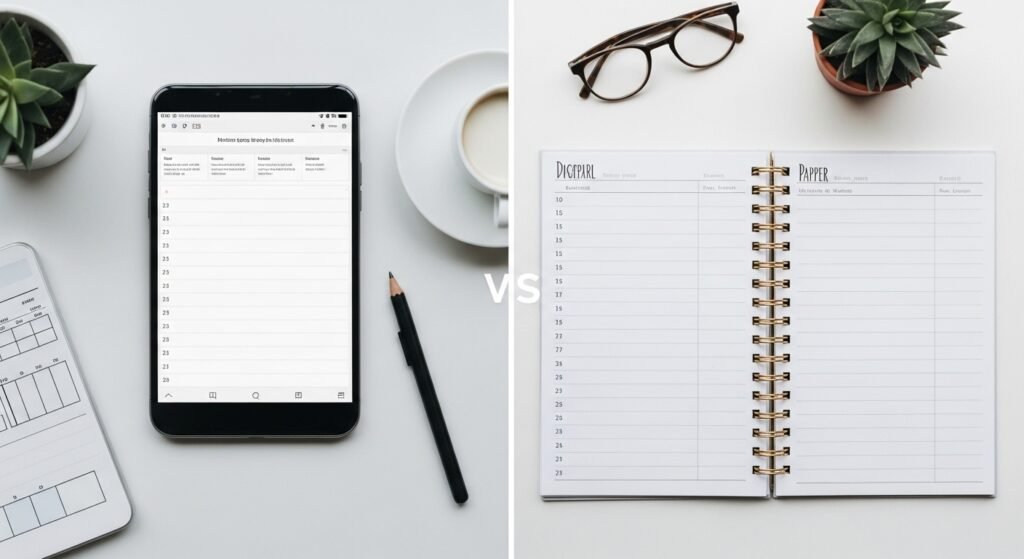 digital vs paper planner comparison chart by artisan anthology.