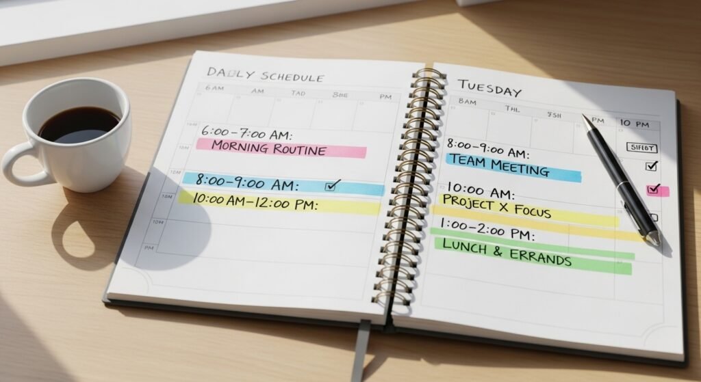 morning time blocking productivity routine by artisan anthology.