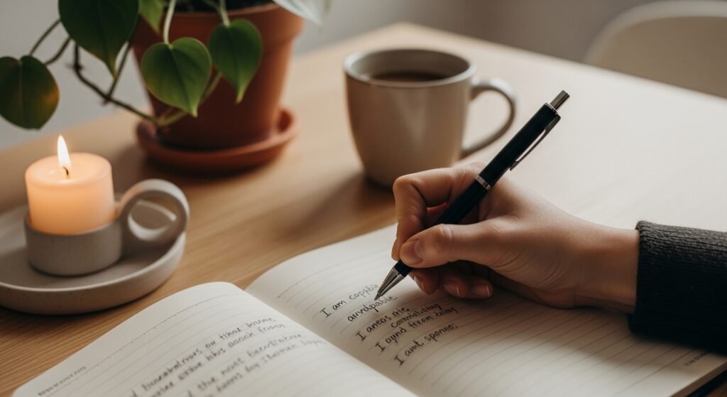 writing 369 manifestation affirmations in journal by artisan anthology.