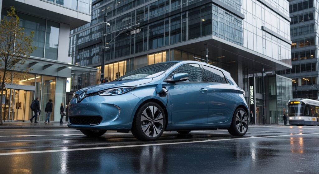 Affordable electric vehicle in city setting by artisan anthology.