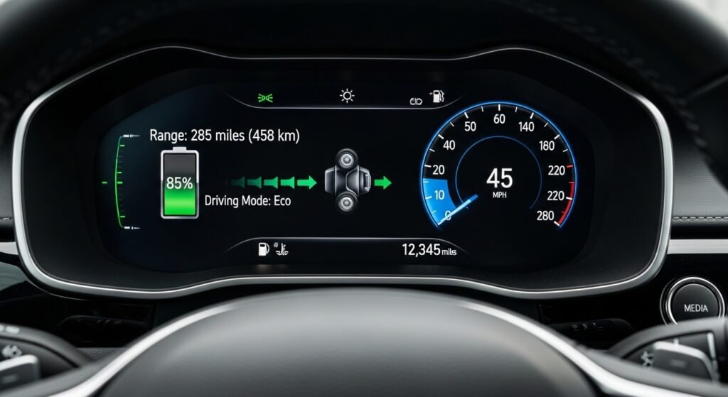 Electric vehicle dashboard battery range display by artisan anthology.