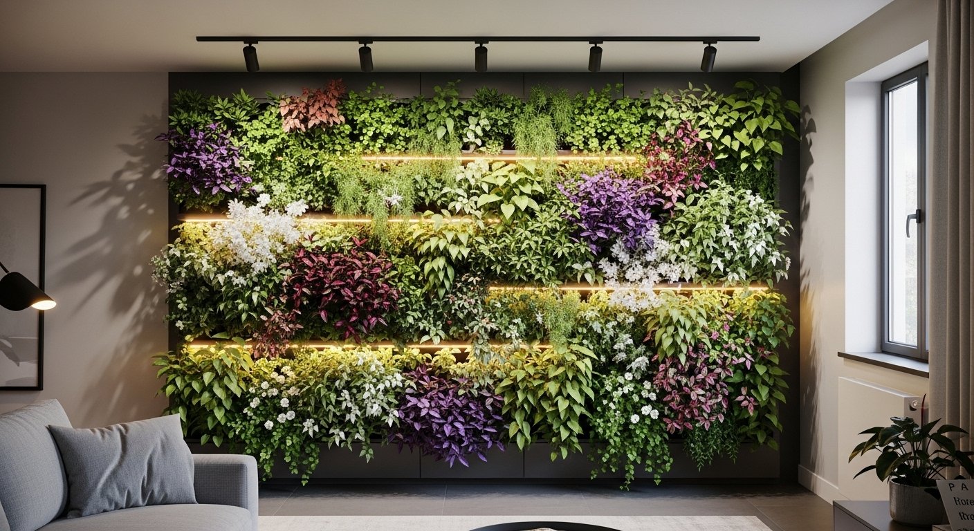Vertical garden wall setup in a small apartment living room by artisan anthology.