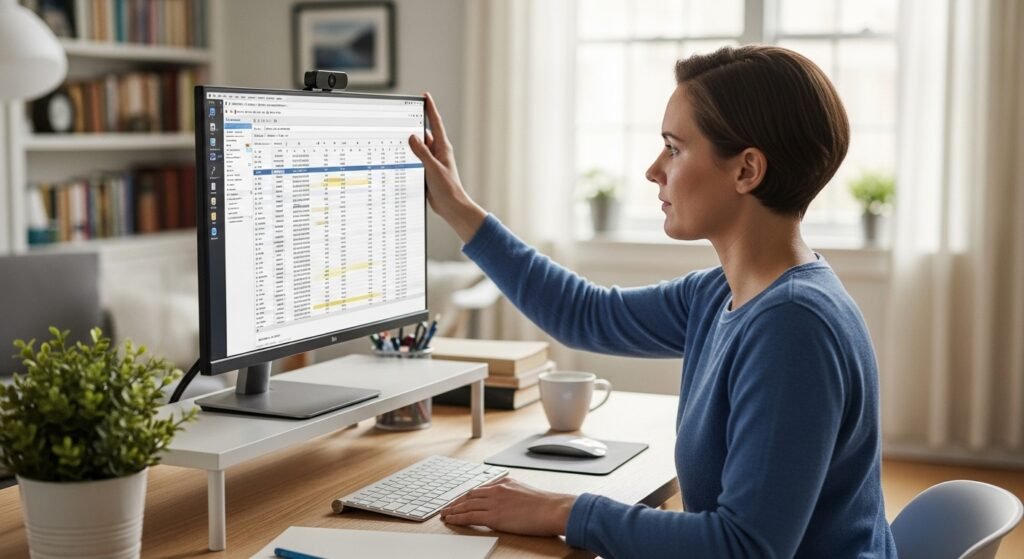 adjusting monitor height for ergonomic home office setup by artisan anthology.