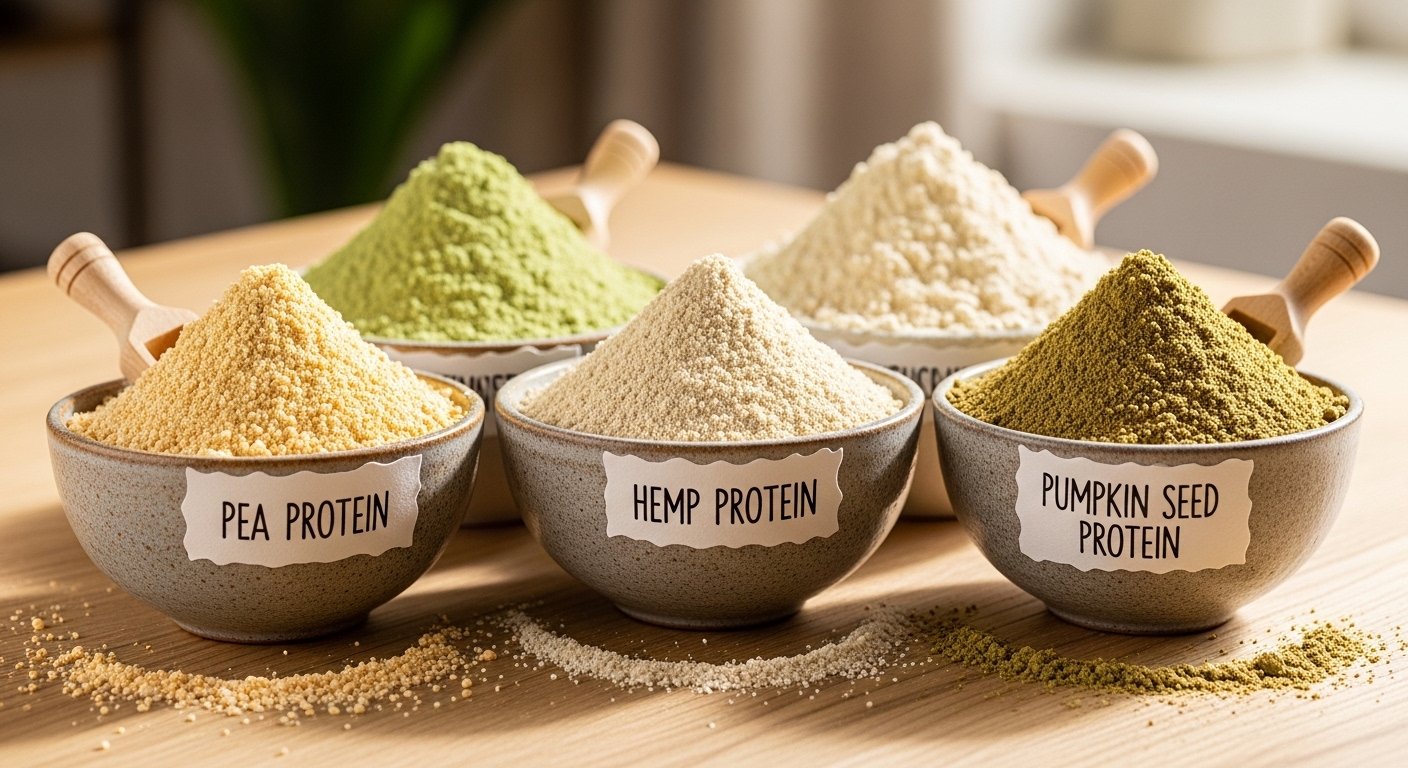 comparison of different plant-based protein powders including pea hemp and rice protein by artisan anthology.