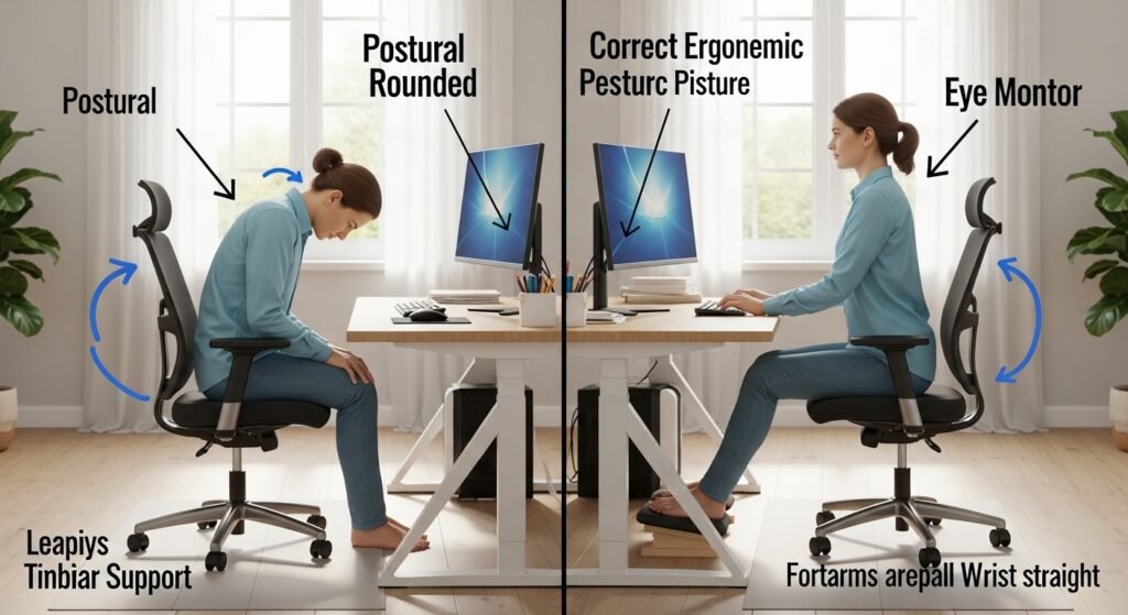 comparison of incorrect posture and ergonomic sitting posture while working by artisan anthology.