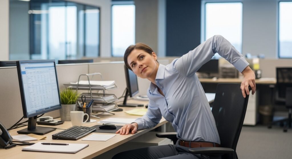 desk worker performing seated yoga stretch for neck relief by artisan anthology.
