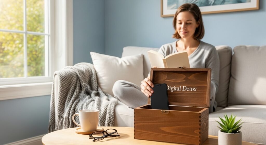 digital detox concept showing person unplugging from smartphone for better mental health by artisan anthology.