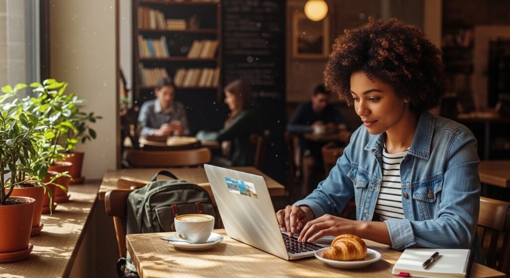 digital nomad working in cafe abroad by artisan anthology.