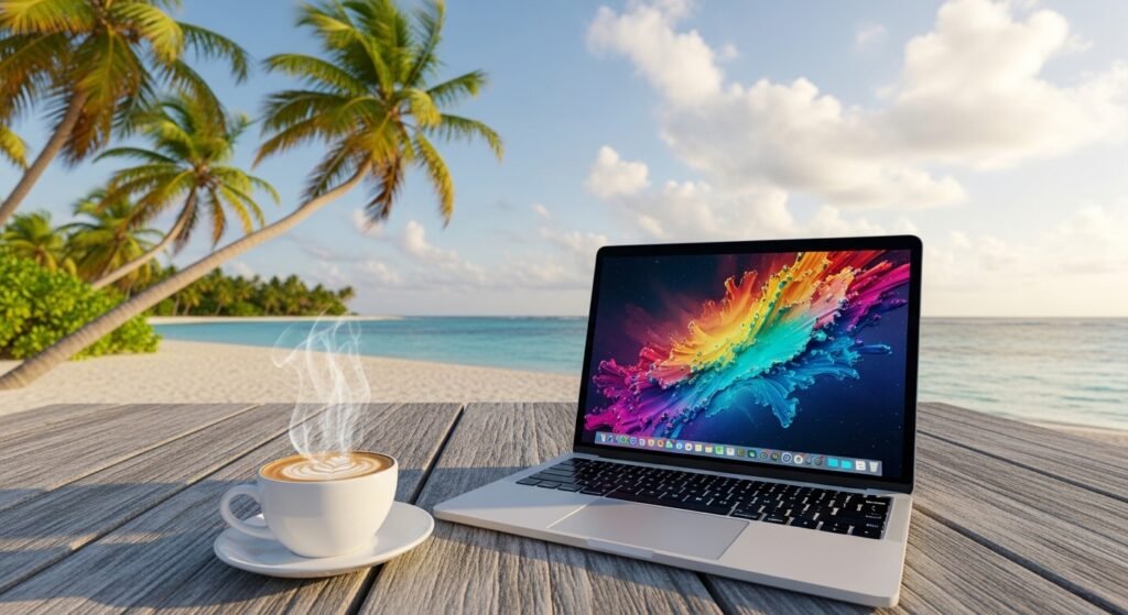 digital nomad working remotely on beach by artisan anthology.
