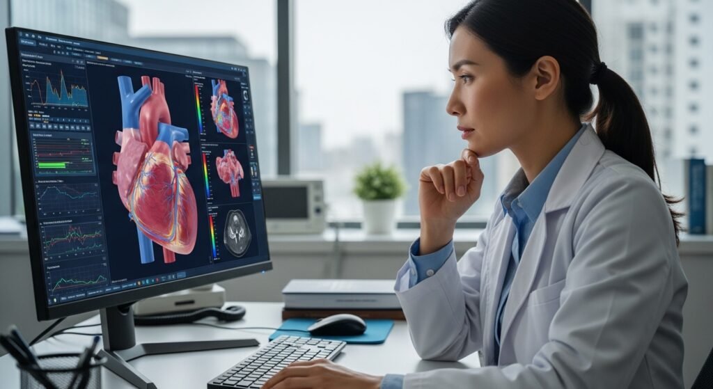 doctor using AI software to detect heart disease in medical imaging by artisan anthology.