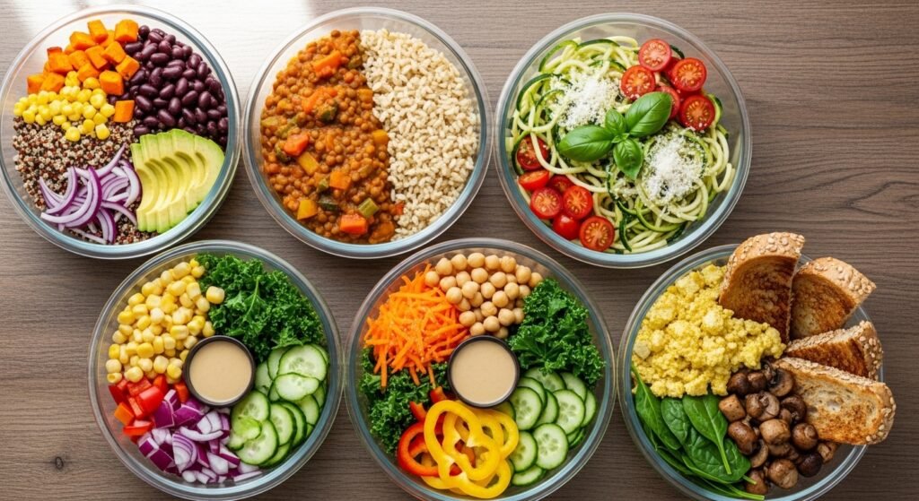 eco friendly meal prep bowls stored in reusable glass containers by artisan anthology.