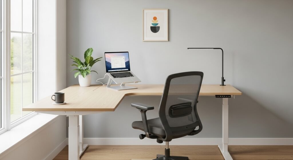 ergonomic home office with standing desk and proper monitor positioning by artisan anthology.