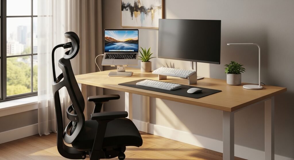 ergonomic home office workspace with adjustable chair and proper desk setup by artisan anthology.
